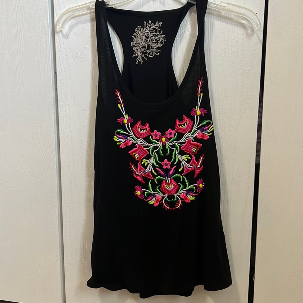 Poof Black racer back tank top colorful embroidered flowers floral design small